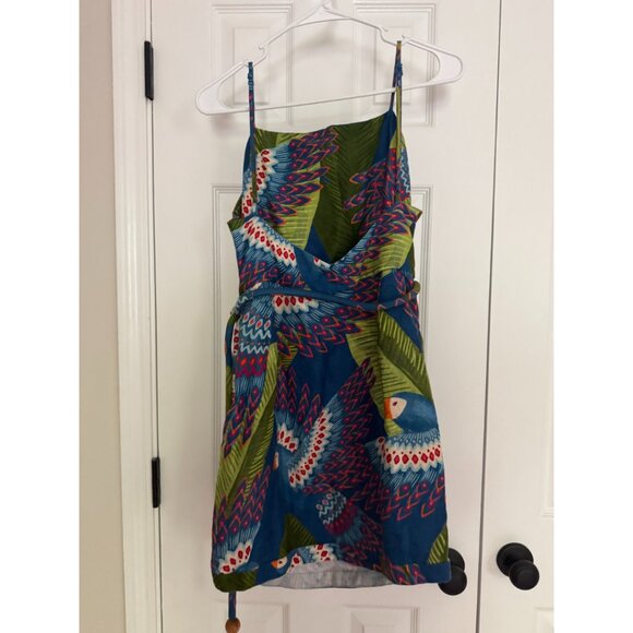 Farm Rio Blue Macaw Parrot Bird Square Neck Sleeveless Linen Mini Dress Sz M - Picture 2 of 8